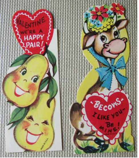12 19405   50S UNUSED USA VALENTINE CARDS SCOOTER BAG PIPE COW FALSE