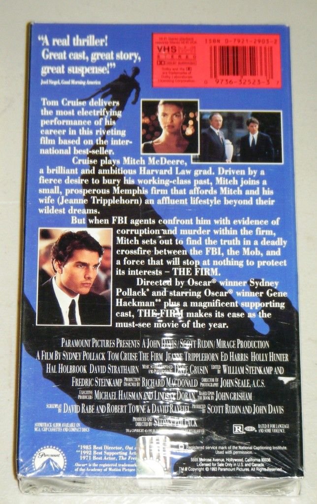  VHS Movie Paramount Pictures 1993 Tom Cruise Jeanne Tripplehorn