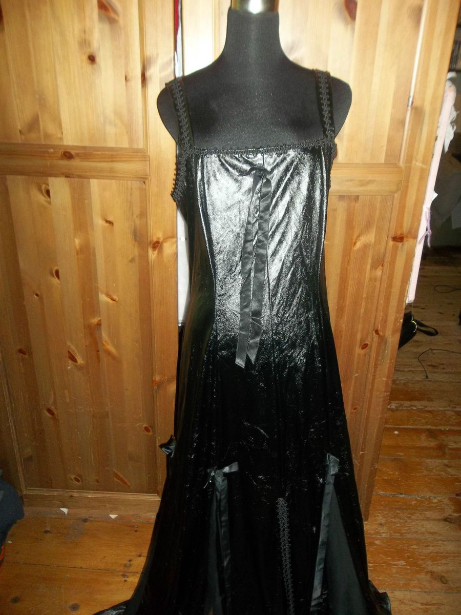 Jeannie Nitro Black PVC Gothic Gown Dress W Slits Sheer Inserts Size L