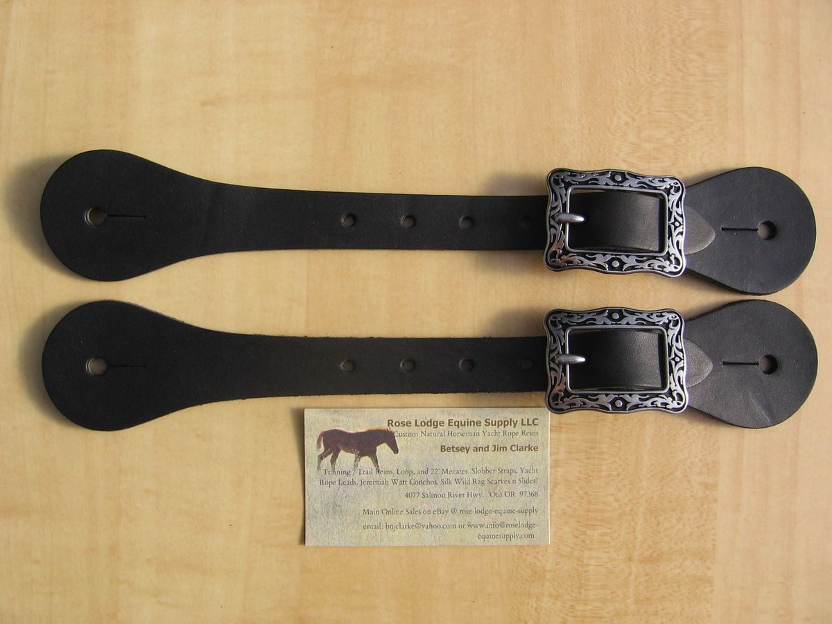 BLACK Leather Straight Western Spur Straps w Stainless Jeremiah Watt