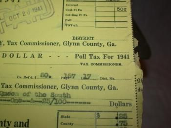 1000 White Colored Poll Tax Receipts Glynn Co GA 1939 1941