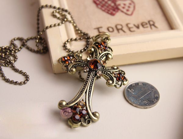 Vintage Cross Big Champagne Crystal Pendants Necklace