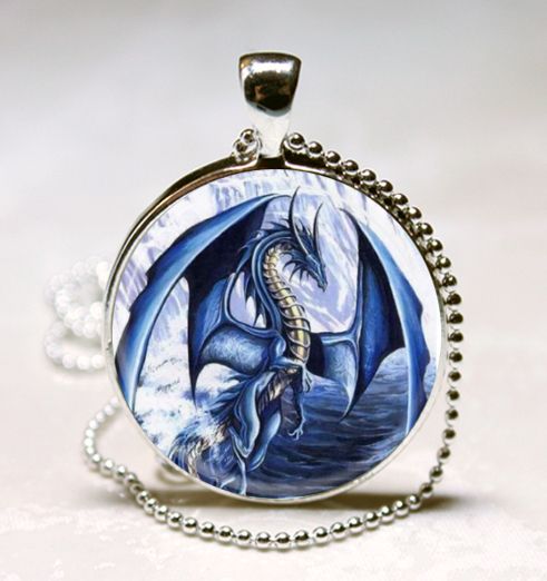 Blue Dragon Glass Tile Jewelry Necklace Pendant