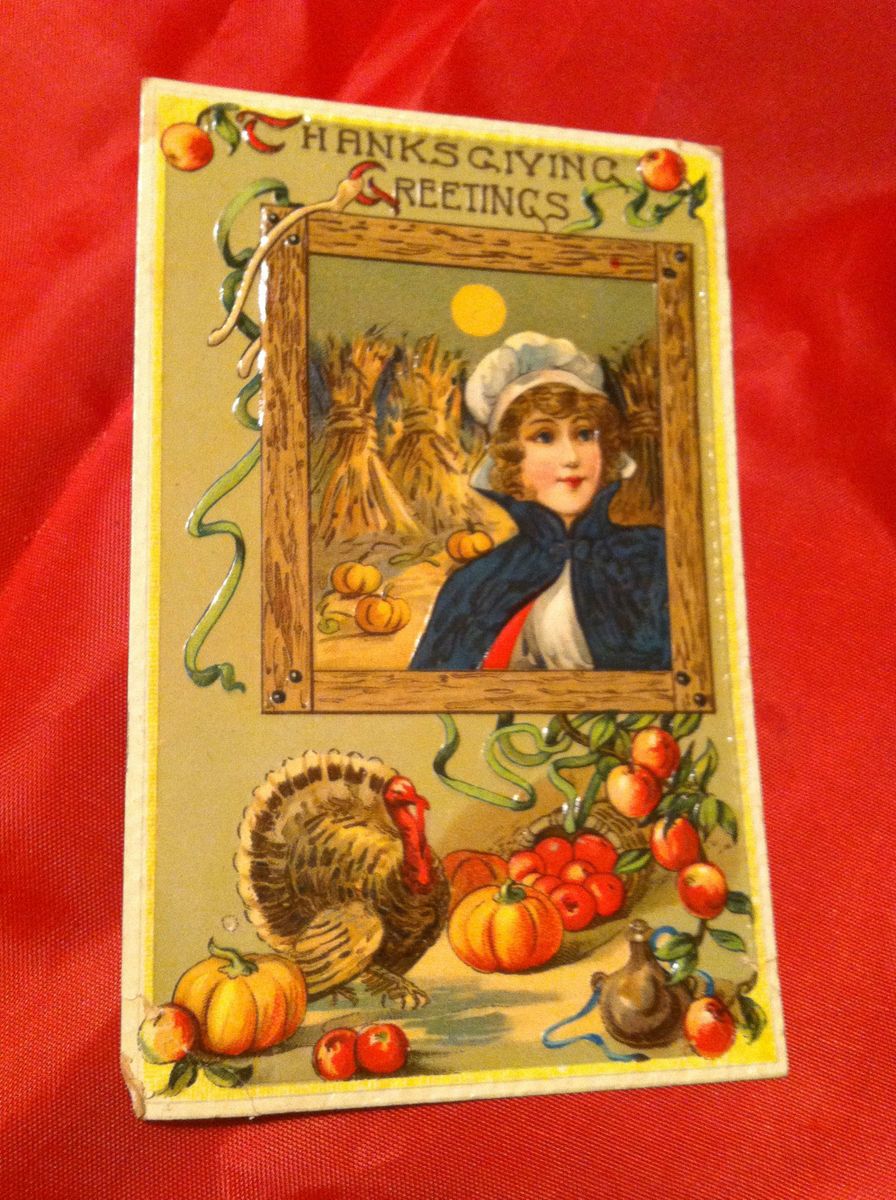 RARE 1900s ANTIQUE THANKSGIVING POSTCARD EMBOSSED WOMAN TURKEY MOON