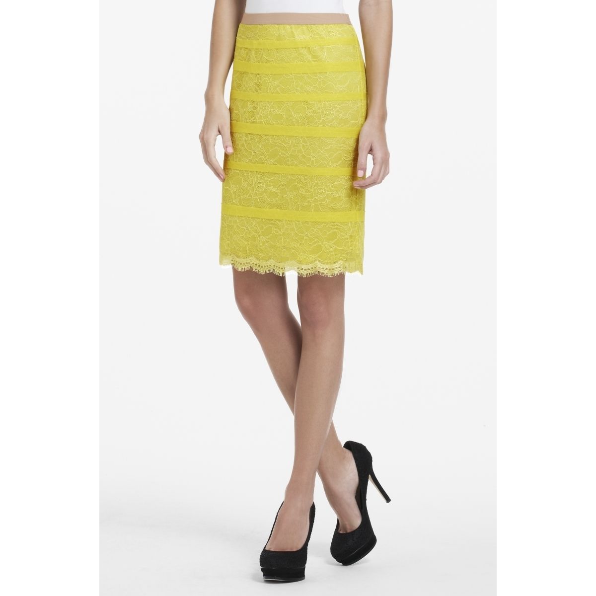 BCBG Bright Chartreuse Lace Jocelyn Pencil Skirt LGB3C941 $148 Sz L