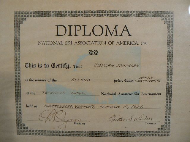  diploma award National Ski Assoc Jorgan Johanson Brattledoro Vt 1924