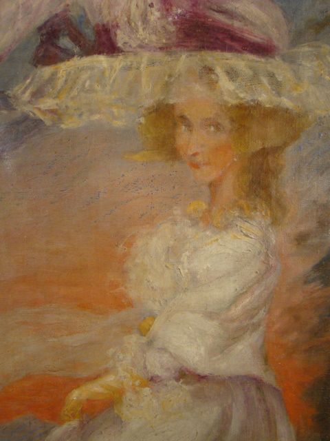 Antique Victorian Lady Hat Old Post Impressionistic Portrait Painting