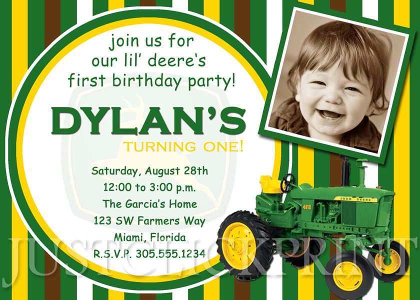 Boys John Deere Inspired Tractor Birthday Photo Invitation UPRINT