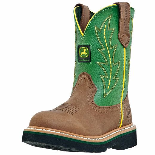 John Deere Child Wellington Kids Cowboy Boot Brown Green JD2186