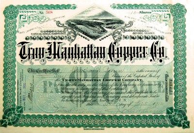 Troy Manhattan Copper Co Stock Certificate Territorial Troy Arizona  