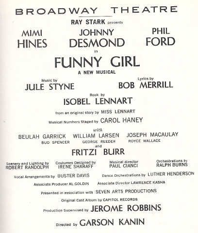 Funny Girl Broadway Playbill 1967 Mimi Hines Johnny Desmond Phil Ford  