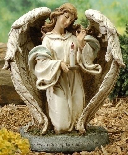 12" Angel w Solar Candle Flame Outdoor Garden Statue  