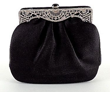 Judith Leiber Black Satin Evening Bag Pave Rhinstone Silver Filagree Deco Frame  