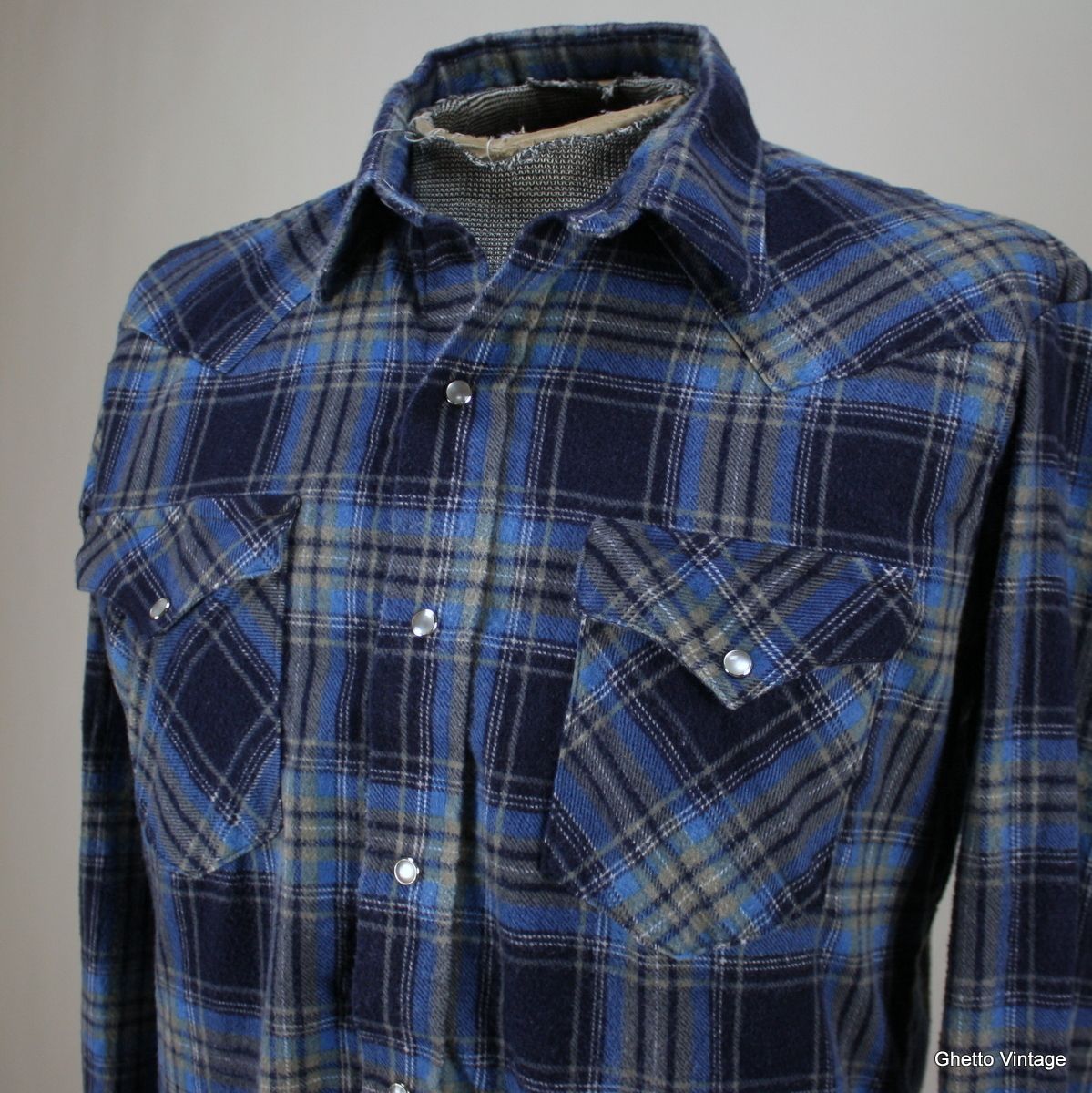 KARMAN Western Pearl Snap Shirt MEDIUM Vtg Flannel Plaid Check Mens