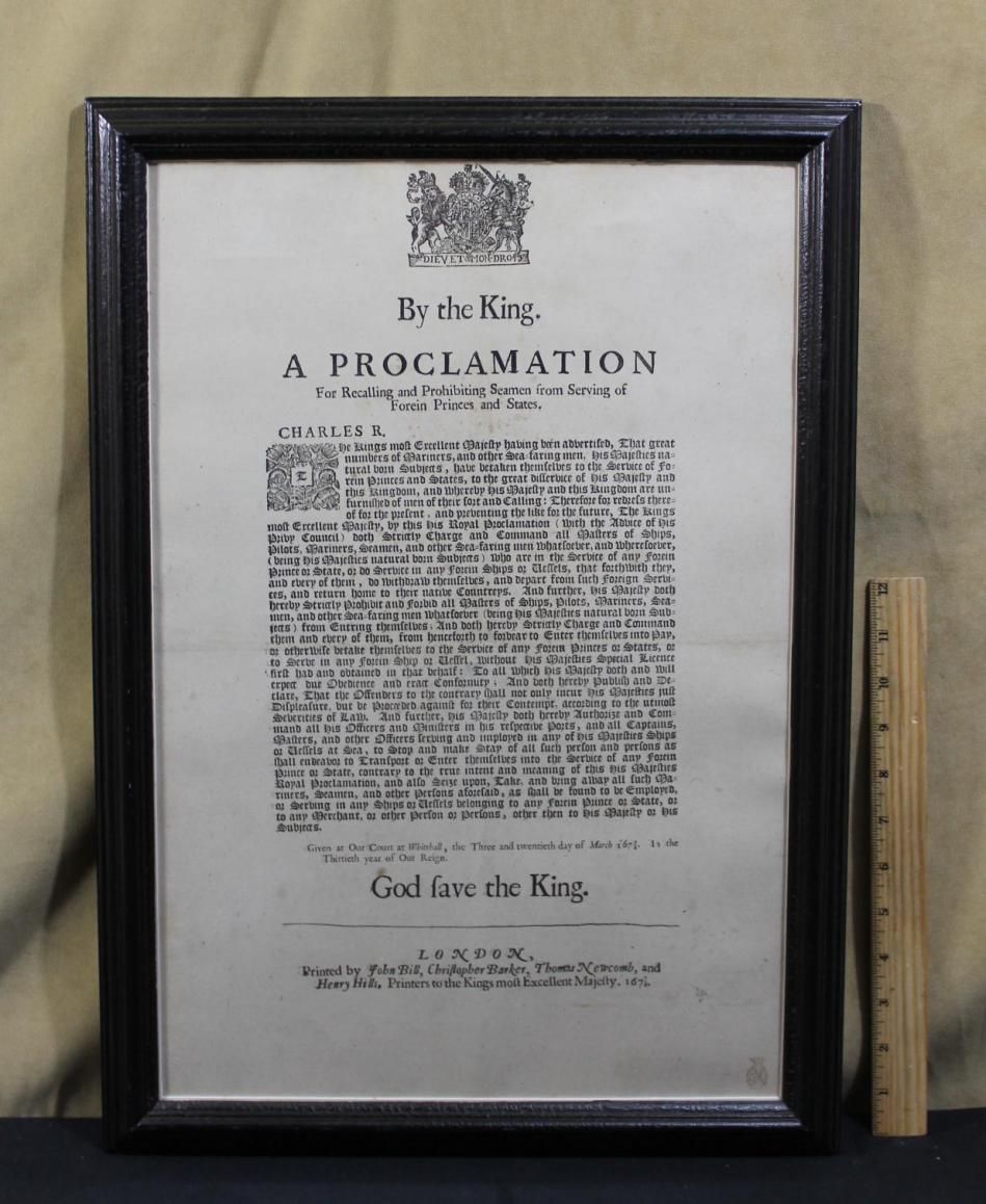 Antique 17thC King Charles II English *King’s Proclamation* Sailors