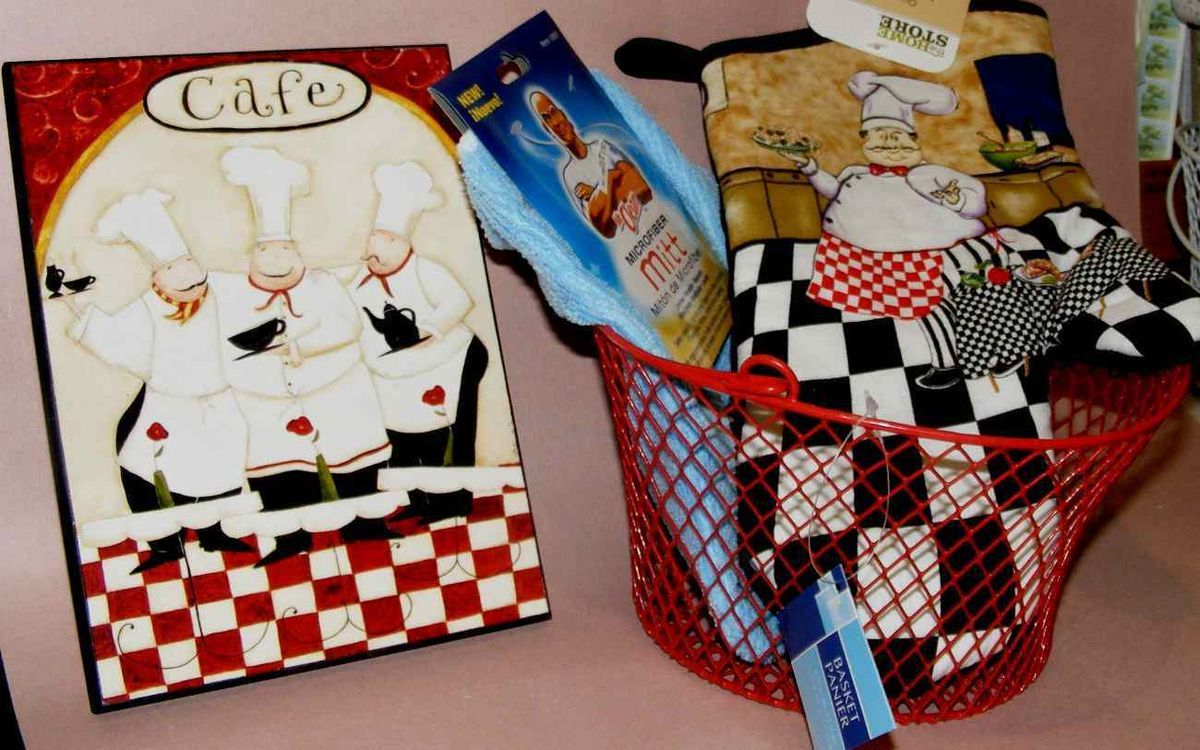 LOT Kitchen Supplies Decor Fat Chef Plaque Red Basket Mr Clean Mitt