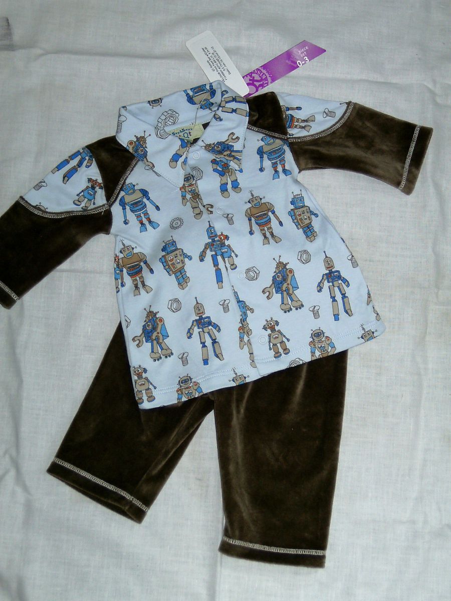 Kissy Kissy Boys 0 3 Months 2 Piece Robots Outfit Blue Brown w Collar
