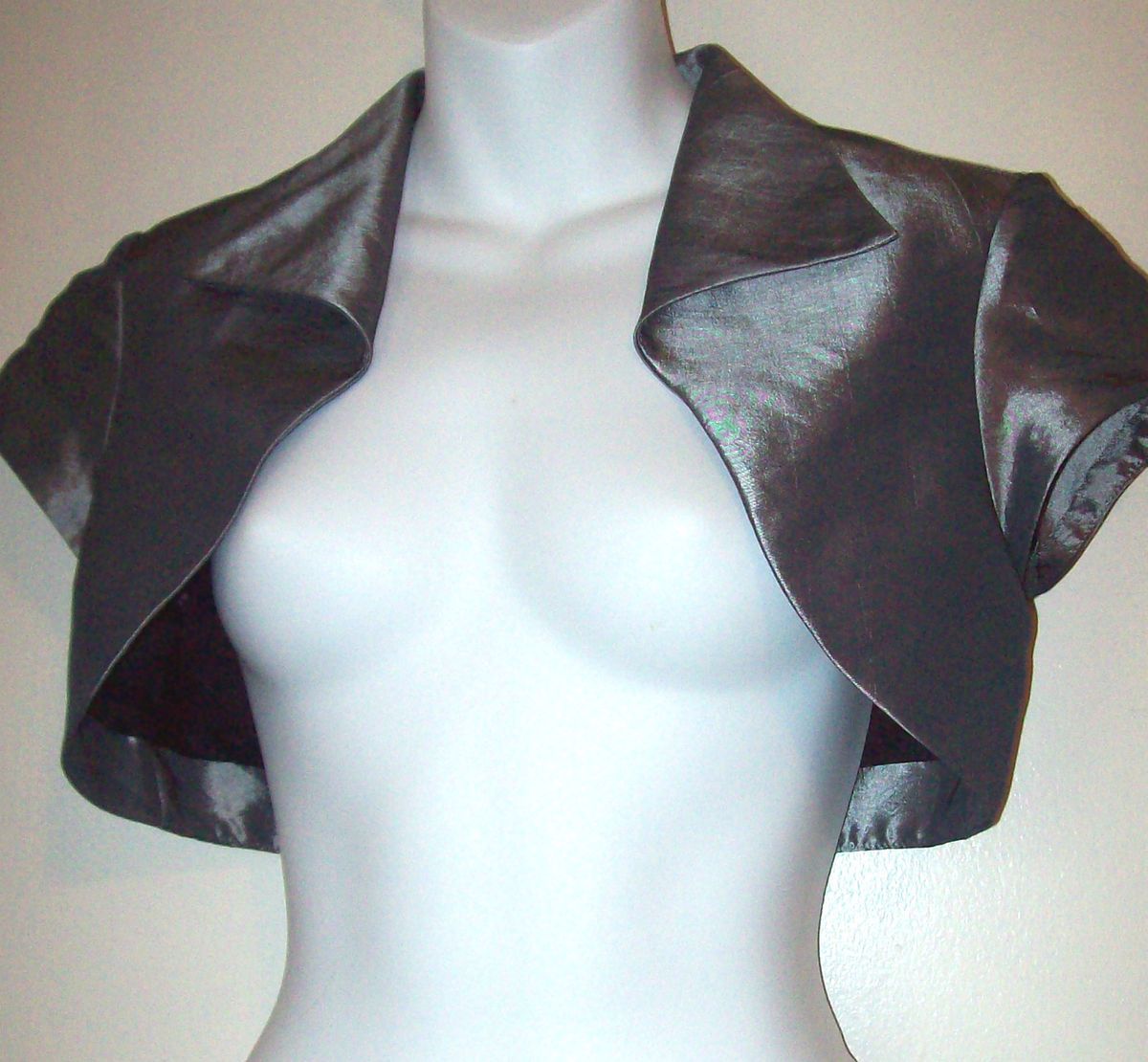 MILLA BELL for KM Collections Cropped Metallic Silver Shrug Dress