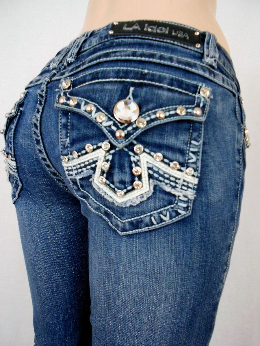 Women La Idol Blue Jeans White Leather Rhinestone Tribal Bootcut