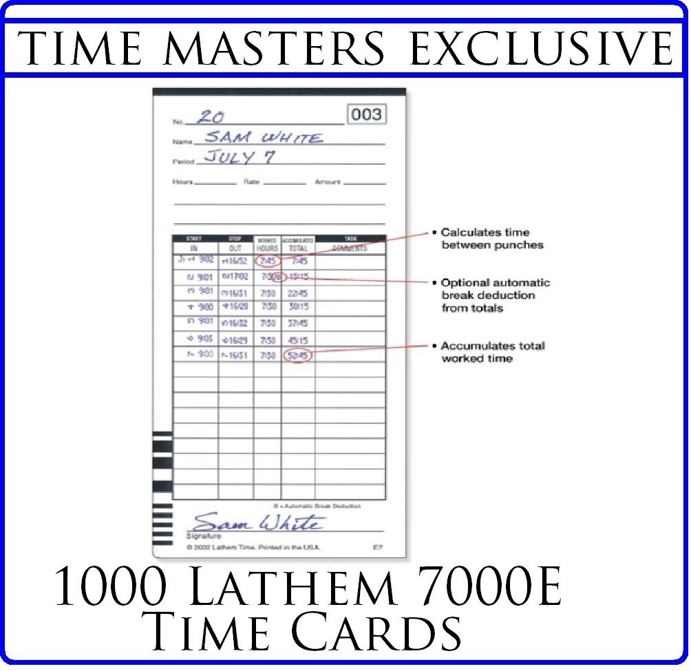 Set of 1000 Lathem 7000E Employee Payroll Time Clock Time Cards SHIPS