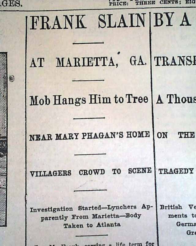 1915 Newspaper Leo Frank Lynching 1st Report Mary Phagan Murder Jewish