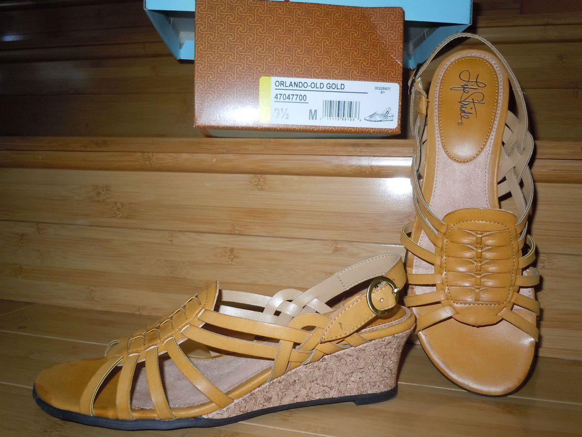 LIFESTRIDE ORLANDO HUARACHE WEDGE SANDALS SZ 9 M NEW IN BOX OLD GOLD