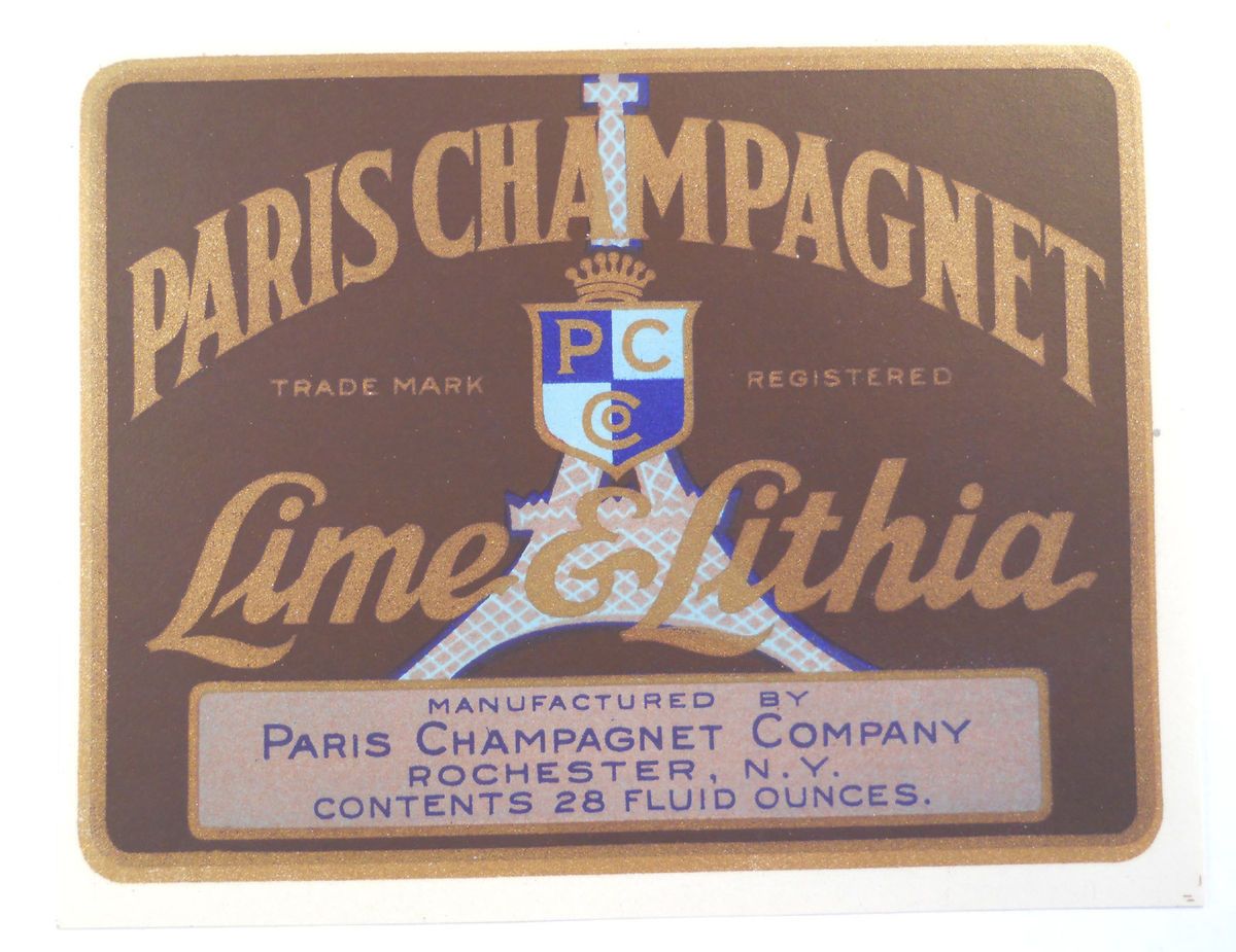 Antique Soda Bottle Label PARIS CHAMPAGNET Lime & Lithia Rochester, NY