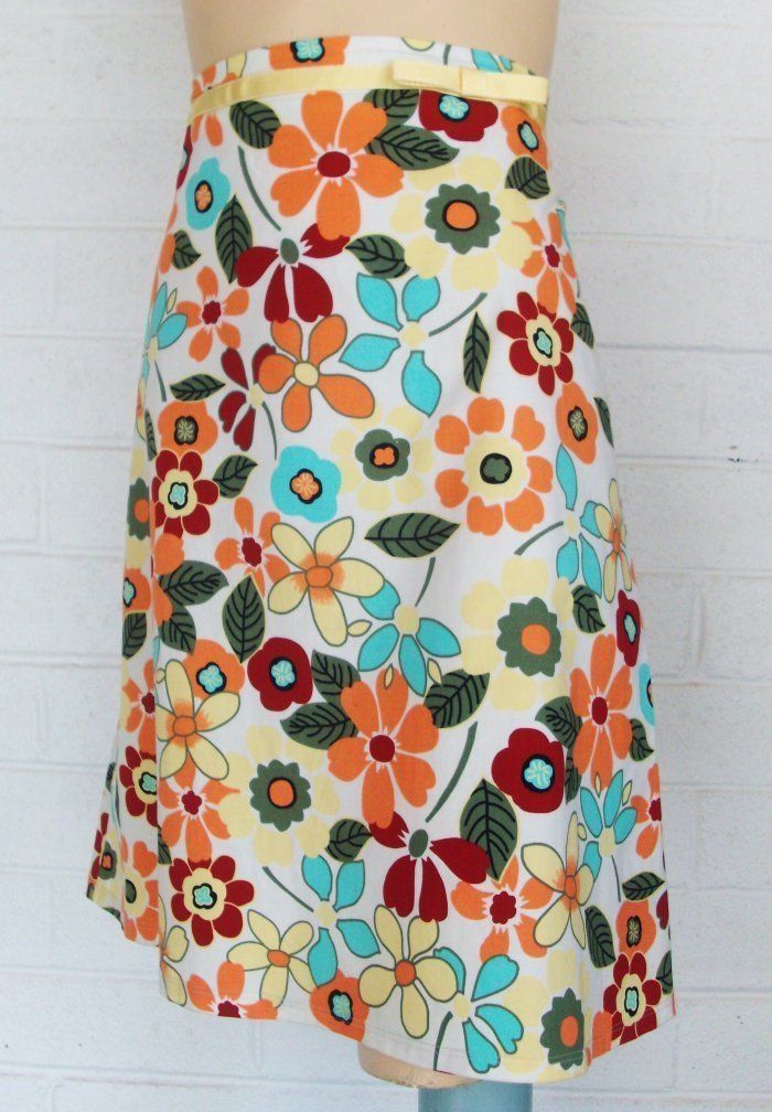 LILY white orange burgundy aqua floral frolic A line ribbon trim skirt