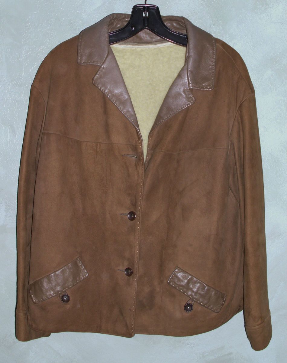 Deerskin Jacket Cognac Brown Suede Trim Zip Out Shearling Lining M L