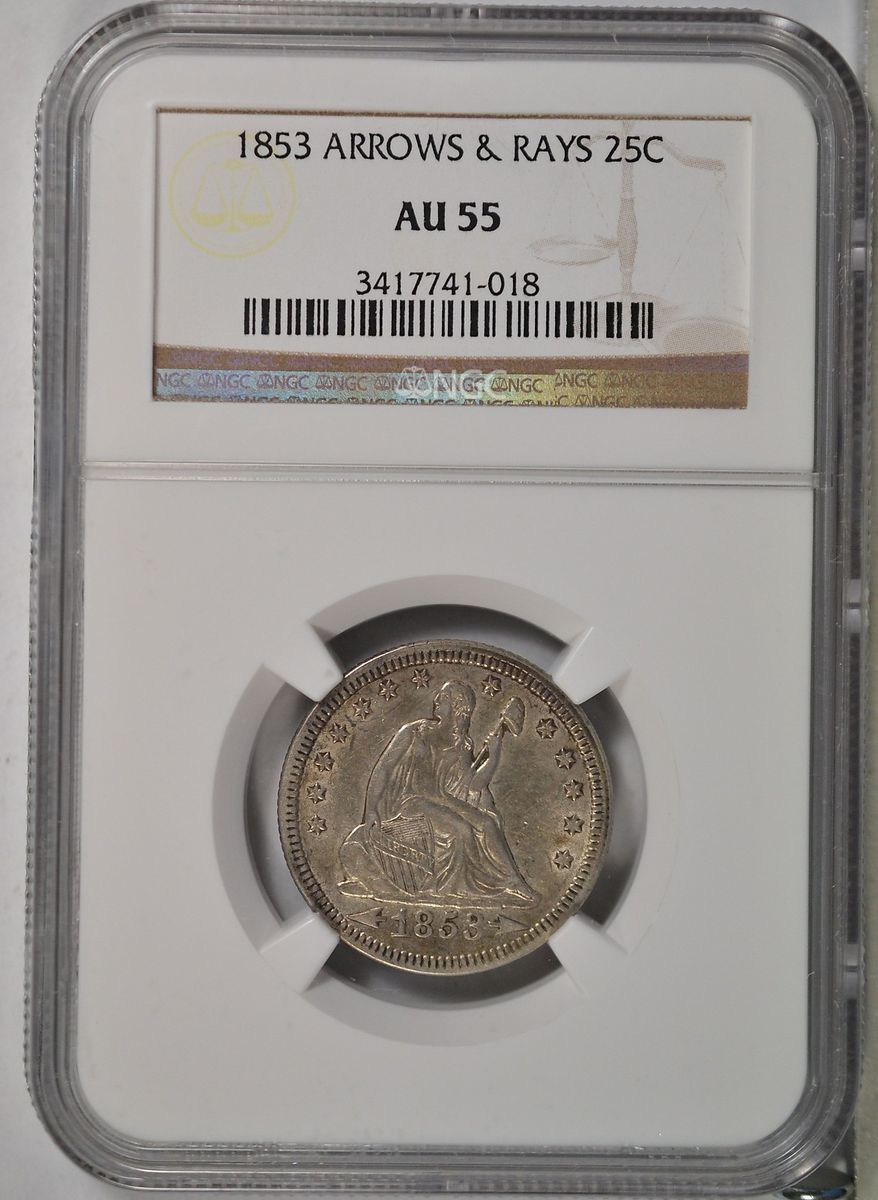 1853 Seated Quarter Arrows Rays NGC AU55