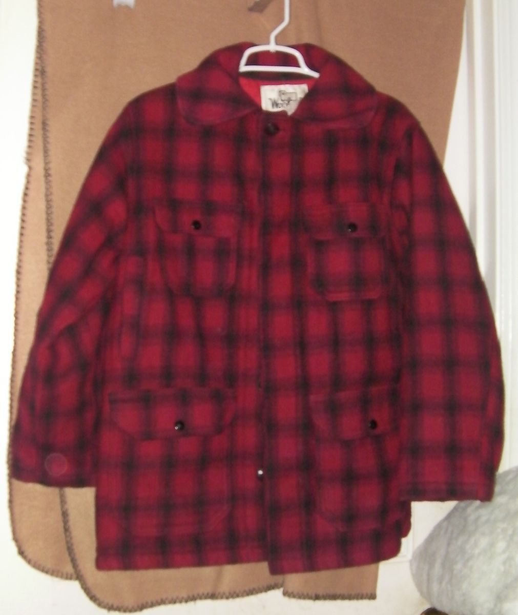 VINTAGE WOOLRICH Hunting GAME JACKET Red Black WOOL PLAID Chin Strap