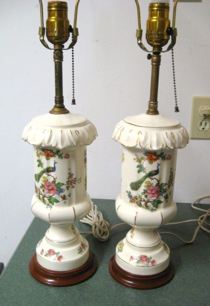 Vtg Pair 2 Classic Retro Peacocks Foral Flowers Roses Porcelain Table