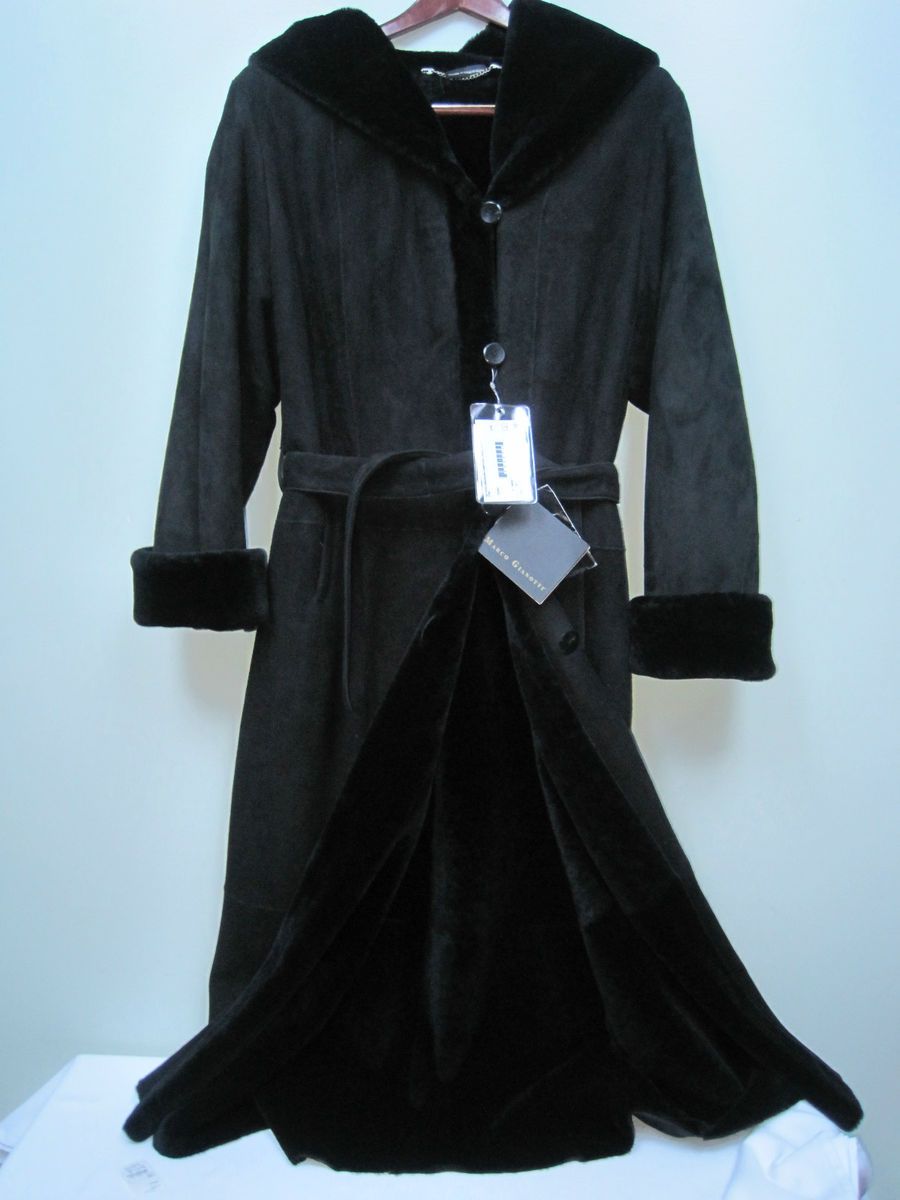 Marco Gianotti Black Shearling Lamb Coat 52 Hood Belt Real Fur 32 $3