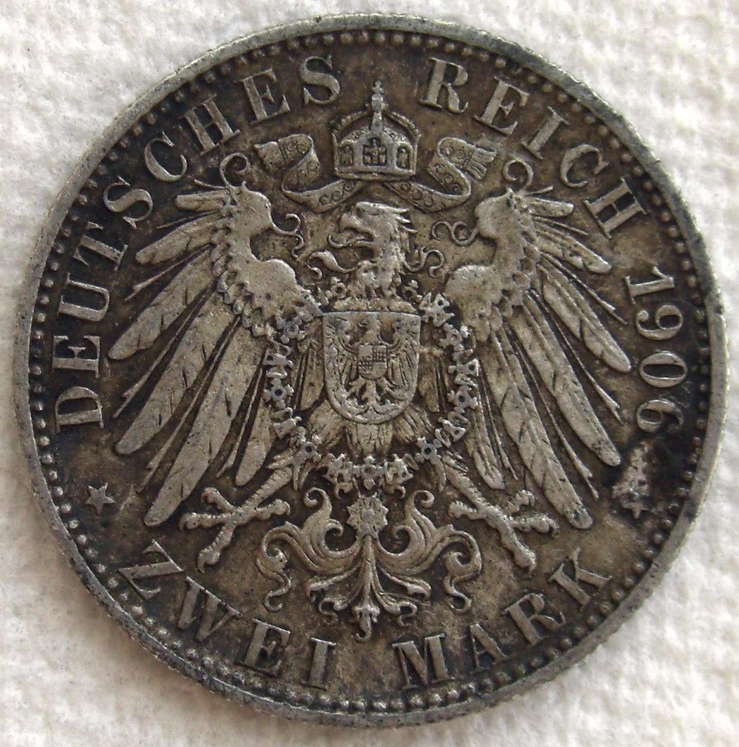 1906 F German States Wurttemberg 2 Mark KM 631 900 Silver Coin