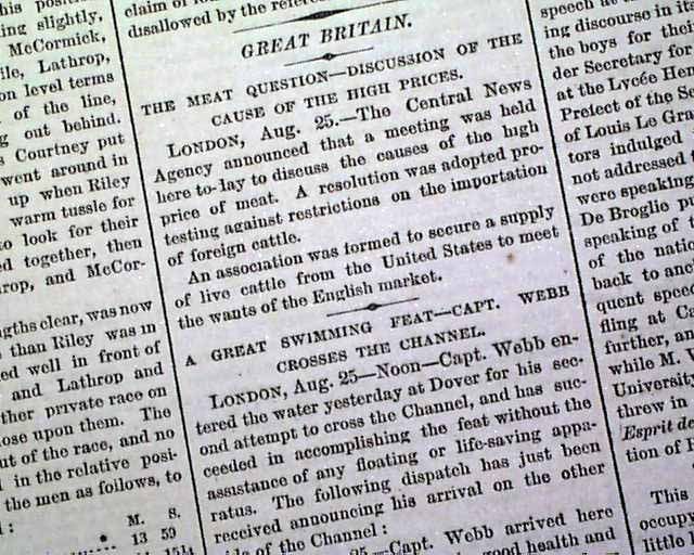 Matthew Webb 1st Crossing of English Channel Swimming Swimmer 1875 NYC