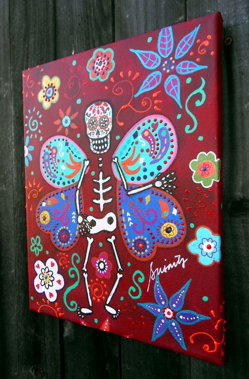 Mexican Day of The Dead Butterfly Flowers Prisarts Original Painting