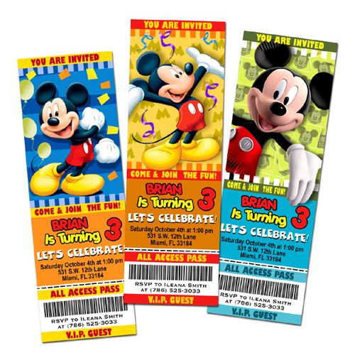 Mickey Mouse Disney Birthday Party Invitation Ticket Custom First 1st