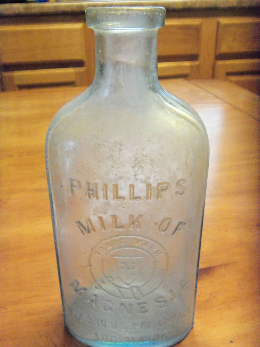 RARE Early Phillips Milk of Magnesia Medicine Bottle Light Aqua Pale