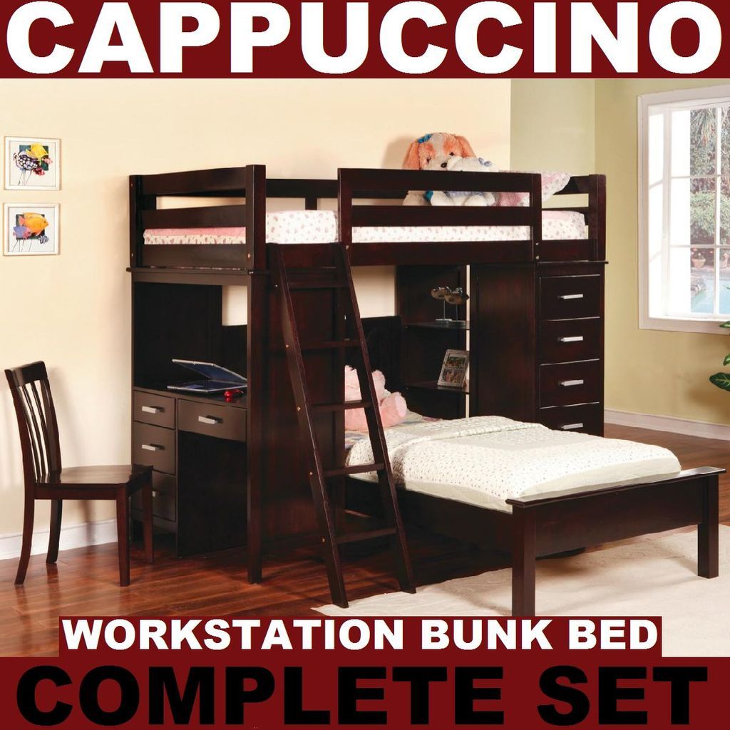 Cappuccino Workstation Complete Bunk Bed Loft Bed Set Desks Chest