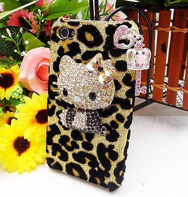 Q3 Bling Shiny 3D Black Hellokitty Leopard Heart Key Case Cover for