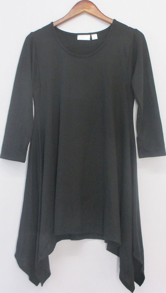 Attitudes by Renee Sz S 3/4 Sleeve Handkerchief Hem Tunic Top Black