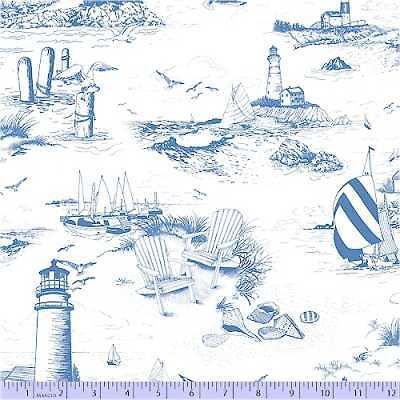 SEA NAUTICAL SEASIDE SEASHELLS LIGHTHOUSES ADIRONDACK CHAIRS FABRIC