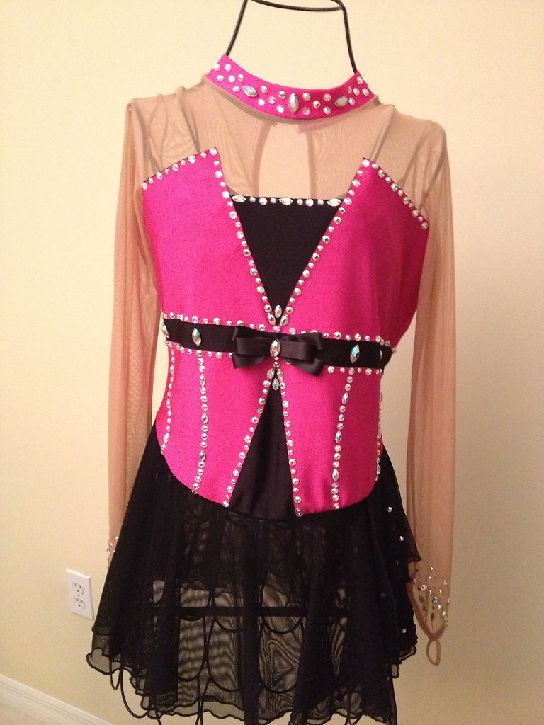 Ice Skating dress pink/black w/genuine swarovski crystals **BEAUTIFUL