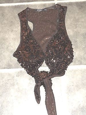 LADIES BROWN SEQUIN MESH NET BOLERO SHRUG WRAP SLEEVELESS TOP UK 16