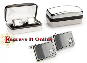 Personalised Brushed Crystal Cufflinks & Chrome Case ENGRAVED & UK