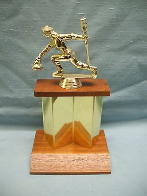 female curling trophy gold metal column nice wood base