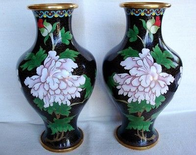 SALE FREE FedEx Pair Japanese CLOISONNE VASES with Flowers & Leaves