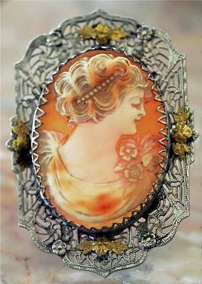 Carved 1890s Victorian Rhodium filigree & 14k CAMEO Brooch Pin