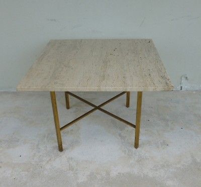 PAUL MCCOBB STYLE TRAVERTINE MARBLE TABLE W BRASS X STRETCHER LEGS