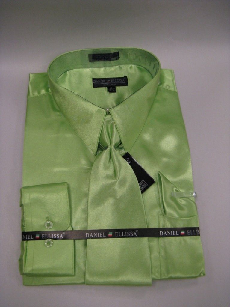 New D & E Satin Dress Shirt w/Tie and Hanky Mint Green